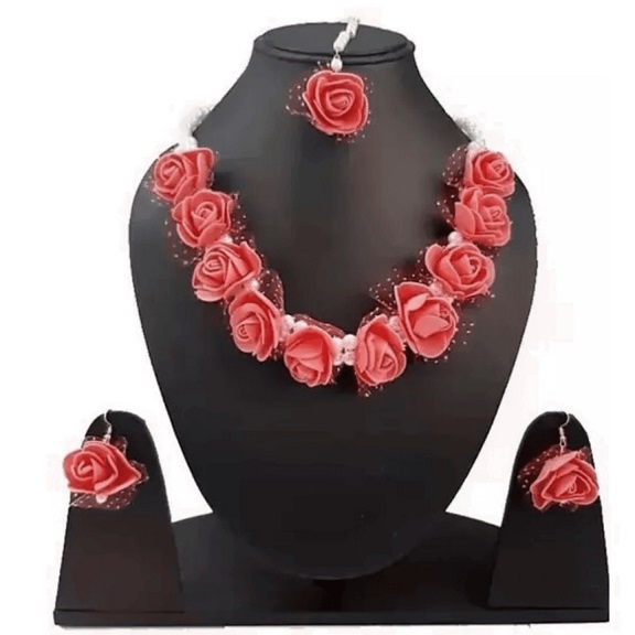 Craftsai Exports Flower Necklace Set with Maang Tika, Earrings and Nath  Bracelet Ring for Women and Girls (Yellow Red)